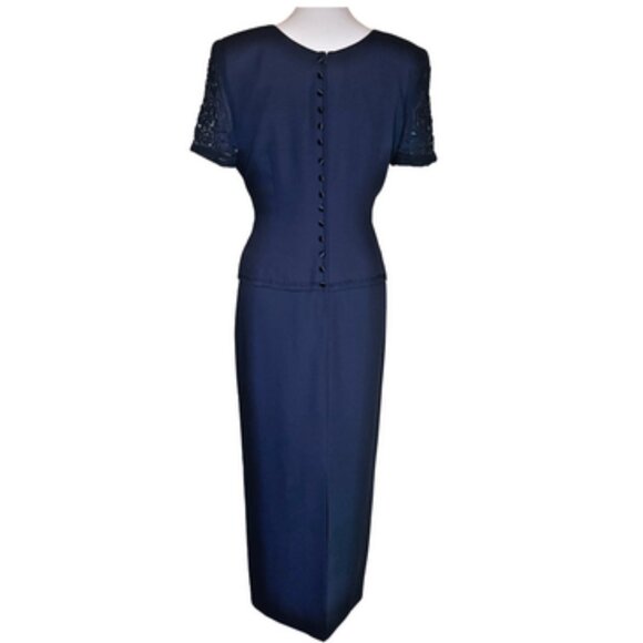 Vintage R&M Richards Navy Beaded Back Accent Mother of the Bride Dress Gown 8P - Picture 4 of 14